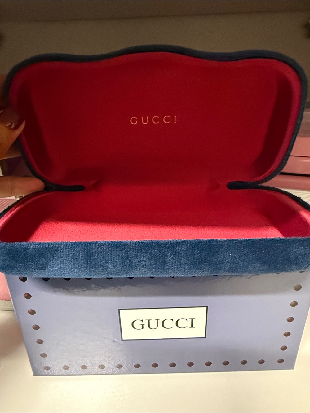 GUCCI Blue Velvet Sunglass Case with Red Interior and Gold Logo